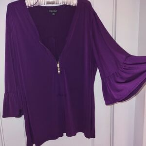 Women's Purple Blouse w/ Gold Zipper Front & Bell Sleeves